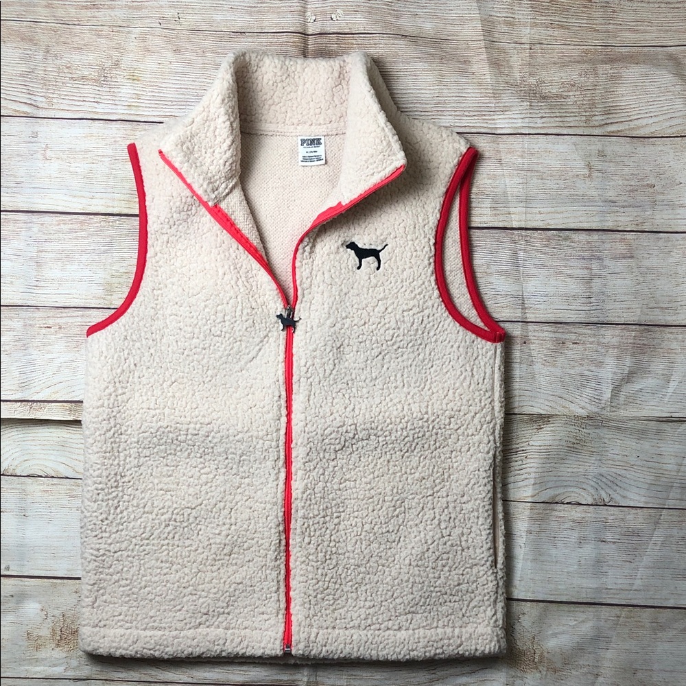 PINK Victoria's Secret Cream Sherpa Vest with Pink‎ Trim